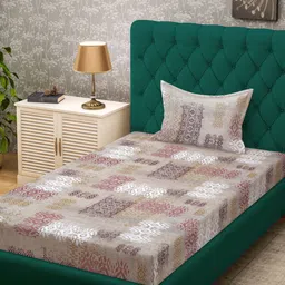 KLOTTHE Beige Geometric Printed Pure Cotton 400 TC Single Bedsheet With Pillow Cover-image-45