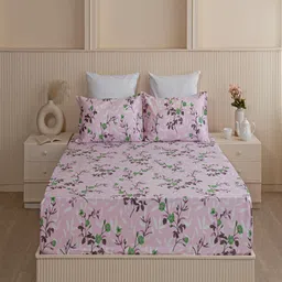 HOMEMONDE Pink & Green Printed Cotton 210 TC Fitted Single Bedsheet with 1 Pillow Cover-image-29