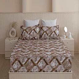 HOMEMONDE Camel Brown Printed Cotton 210 TC Fitted Single Bedsheet with 1 Pillow Cover-picture-14