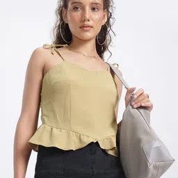 glitchez Seersucker Style Gathered Detail Shoulder Straps Peplum Top-image-47