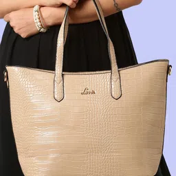 Lavie Women Hailon Beige Animal Textured Oversized Structured Tote Bag-14