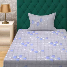 KLOTTHE Grey Floral Printed Pure Cotton Fitted 400 TC Single Bedsheet With Pillow Cover-image-82