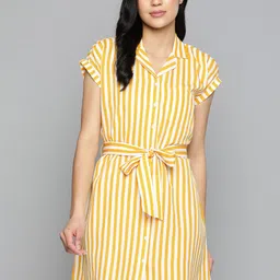 Harvard Striped Cuban Collar Mini Shirt Dress With Tie-Up Belt-image-12