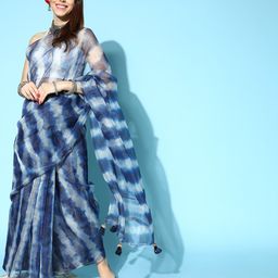 Mitera Navy Blue & Off White Striped Organza Saree-picture-21
