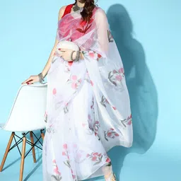 Mitera Off White & Red Floral Organza Saree-picture-23