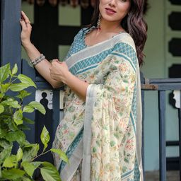 Mitera Pure Linen Ethnic Motifs Printed Saree With Unstitched Blouse Piece-11