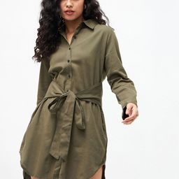 SASSAFRAS Women Olive Green Solid Shirt Dress With Waist Tie-Up Detail-image-34
