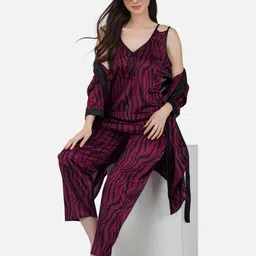 Romaisa 3 Pieces Abstract Printed Satin Night Suit With Robe-image-34