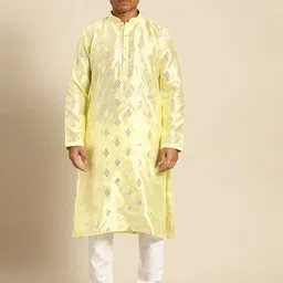 RAJUBHAI HARGOVINDAS Men Yellow Mirror Work Kurta with Churidar-picture-40