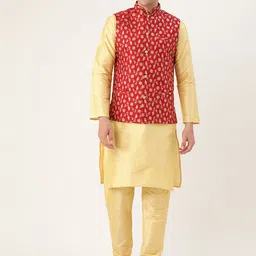 SOJANYA Men Yellow & Red Self-Design Kurta with Churidar with Nehru Jacket-8