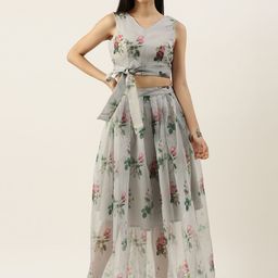Ethnovog Women Grey  Green Floral Print Organza Made To Measure Co-Ords-image-96
