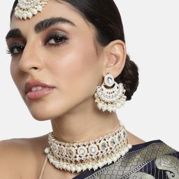 I Jewels Women Gold-Plated White Kundan Studded & Beaded Jewellery Set-image-51