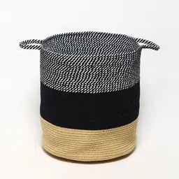 HABERE INDIA Beige & Black Textured Cotton Jute Storage Basket-15