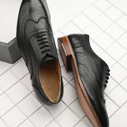 House of Pataudi Men Black Leather Handcrafted Formal Brogues-image-81