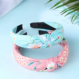 Yellow Chimes Women Set of 2 Solid Fabric Knot Floral Printed Hairband-0