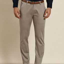Hancock Men Taupe Checked Slim Fit Pure Cotton Formal Trousers-image-39