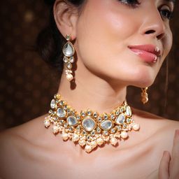 Rubans 22K Gold-Plated Glossy Pearl Beaded Kundan Handcrafted Choker Necklace Set-image-71