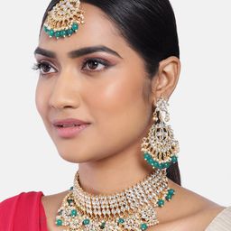 Peora Green & White Gold-Plated Kundan Embellished Handcrafted Jewellery Set-image-8