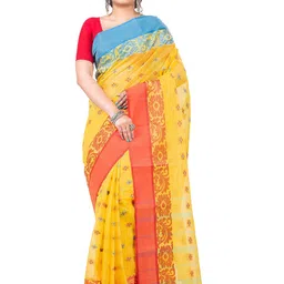 PuJoy Ethnic Print Zari Pure Cotton Taant Saree-picture-48