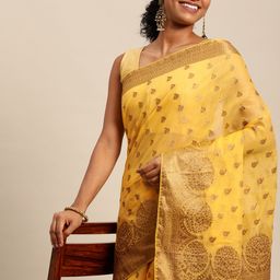 Leeza Store Yellow & Golden Ethnic Motifs Zari Banarasi Saree-image-13