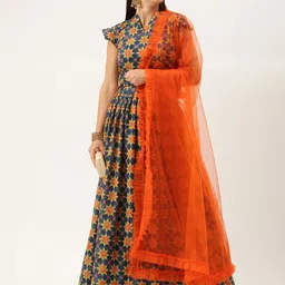 Ethnovog Navy Blue  Orange Made to Measure Lehenga  Blouse With Dupatta-picture-49