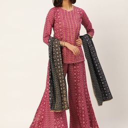 MAAND Women Fuchsia Floral Printed Panelled Gotta Patti Pure Cotton Kurti with Palazzos & With Dupatta-picture-17