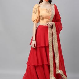 Ethnovog Peach-Coloured  Maroon Embroidered Made to Measure Lehenga  Blouse with Dupatta-image-1