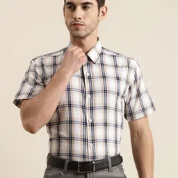 SOJANYA Men Off-White & Grey Classic Regular Fit Checked Pure Cotton Formal Shirt-image-43