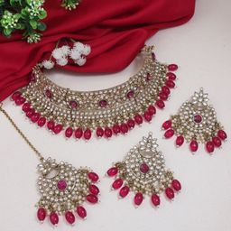 I Jewels Gold-Plated Kundan Pearl Studded Choker Necklace Set With Maang Tika-image-4