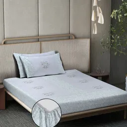 KLOTTHE Grey Embroidered 400 TC Cotton Single Fitted Bedsheet Set 2.25 m x 1.50 m-image-53