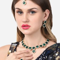 Zaveri Pearls Gold-Plated Green & White Stone Studded Jewellery Set-28