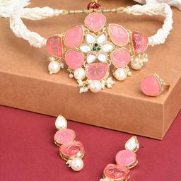 Zaveri Pearls Gold-Plated Pink & White Kundan-Studded Jewellery Set-33