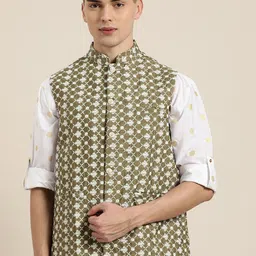 SOJANYA Men Olive Green & White Chikankari Embroidered Nehru Jacket-image-79
