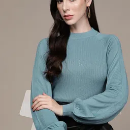 bebe Women Daylight Blue Season Staples Solid Ribbed Pullover with Logo Embellished Detail-image-88