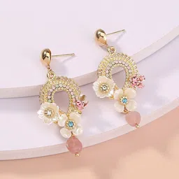 Yellow Chimes White & Pink Gold-Plated Crystals Studded Contemporary Drop Earrings-image-17