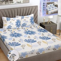 FABINALIV White & Blue Floral Printed 300 TC King Bedsheet Set-2.50 m X 2.25 m-image-80
