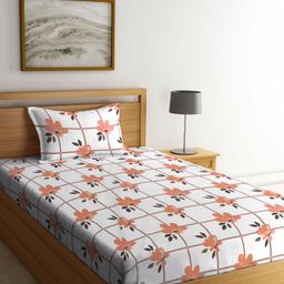 FABINALIV White & Orange Floral Printed 300 TC Single Bedsheet With 1 Pillow Cover-image-96