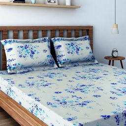 SWAYAM Vedda Beige & Blue Floral Cotton 160 TC Single Bedsheet Set-2.28 m x 1.5 m-image-18
