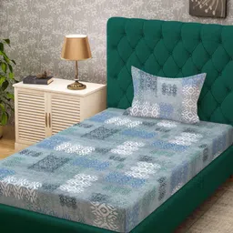 KLOTTHE Blue & Grey Printed Pure Cotton 400 TC Single Bedsheet With Pillow Cover-picture-19
