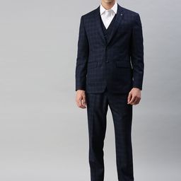 Louis Philippe Men Navy Blue Checked Slim Fit Single-Breasted 3-Piece Formal Suit-image-52