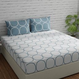 Huesland White Geometric 144 TC Cotton Fitted Double King Bedsheet with 2 Pillow Covers-image-16