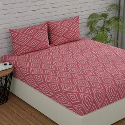 Huesland Peach & White Geometric 144 TC Cotton Double King Bedsheet with 2 Pillow Covers-18