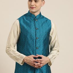 SOJANYA Men Blue Jacquard Self-Design Nehru Jacket-8