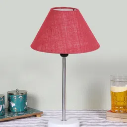 Devansh Pink& White Textured Jute Shade Frustum Shape Table Lamp-7