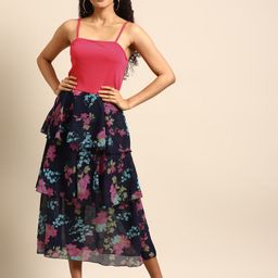 DODO & MOA Women Pink & Navy Blue Floral Printed Tiered A-Line Dress-image-88