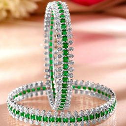 Rubans Set of 2 Rhodium Plated Emerald Green & White Cubic Zirconia Studded Luxe Bangles-6