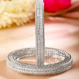 Rubans Set of 2 Rhodium Plated White Cubic Zirconia Studded Luxe Bangles-image-35