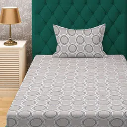 KLOTTHE Beige & Grey Printed Pure Cotton 400 TC Fitted Single Bedsheet With Pillow Cover-5