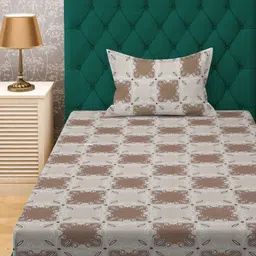 KLOTTHE Brown & Grey Printed Pure Cotton 400 TC Fitted Single Bedsheet With Pillow Cover-picture-26