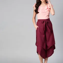Bitterlime Women Peach-Coloured & Burgundy Solid Top with Culottes-picture-35
